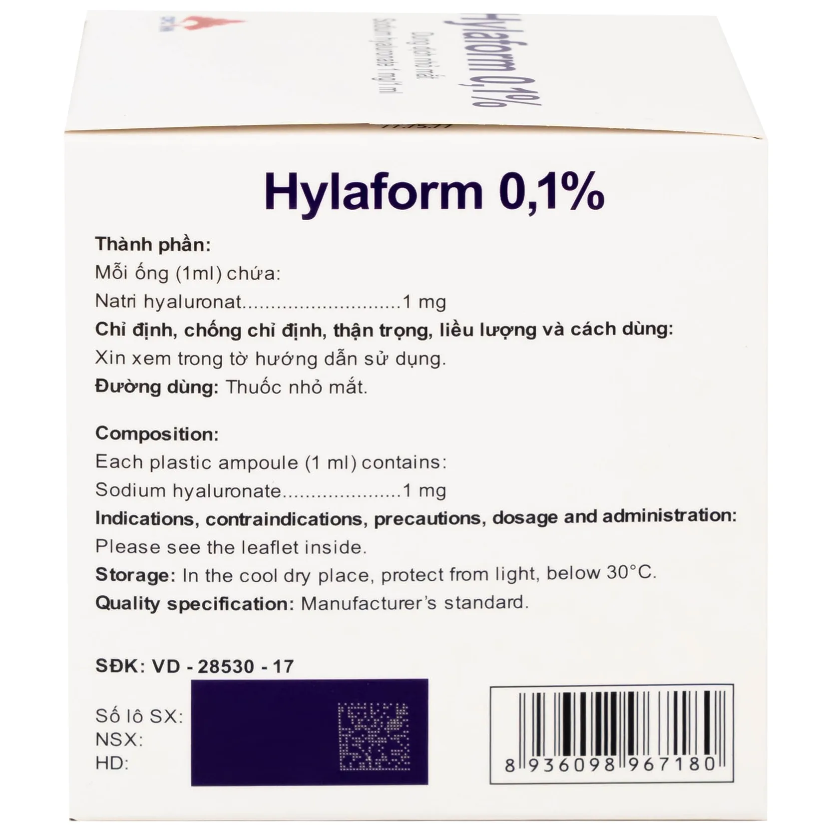 Hình ảnh Thuốc nhỏ mắt Hylaform 0,1% CPC1HN điều trị triệu chứng khô mắt, rối loạn biểu mô giác mạc (4 vỉ x 5 ống)