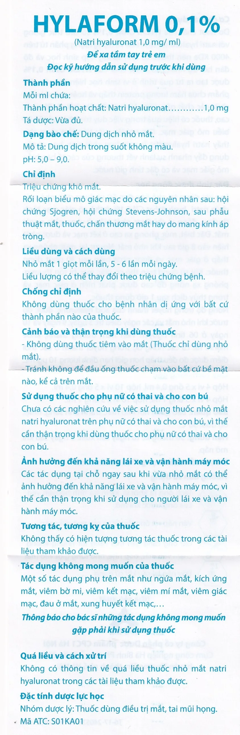 Hình ảnh Thuốc nhỏ mắt Hylaform 0,1% CPC1HN điều trị triệu chứng khô mắt, rối loạn biểu mô giác mạc (4 vỉ x 5 ống)
