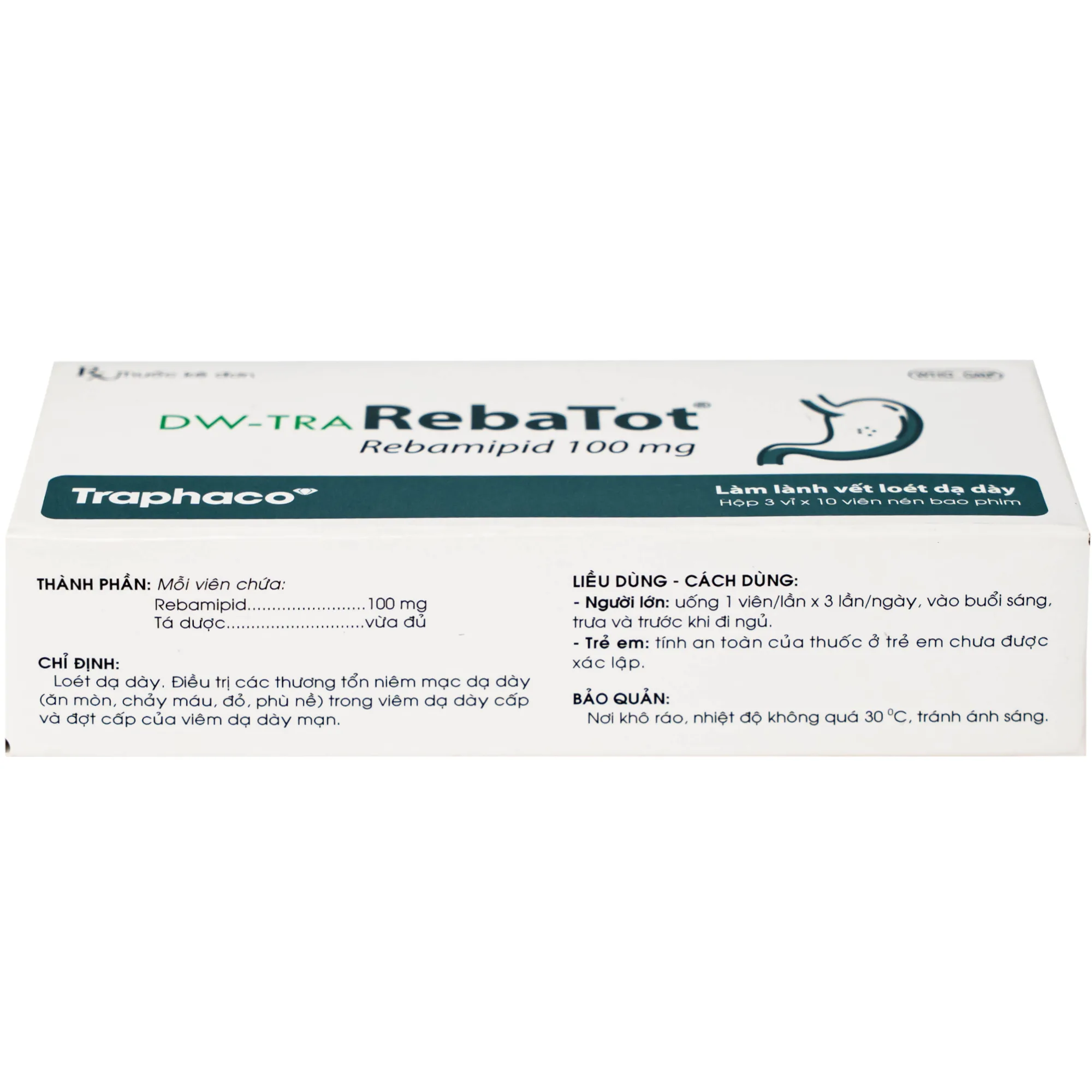 Hình ảnh Thuốc Rebamipid 100mg Traphaco điều trị loét dạ dày (3 vỉ x 10 viên)