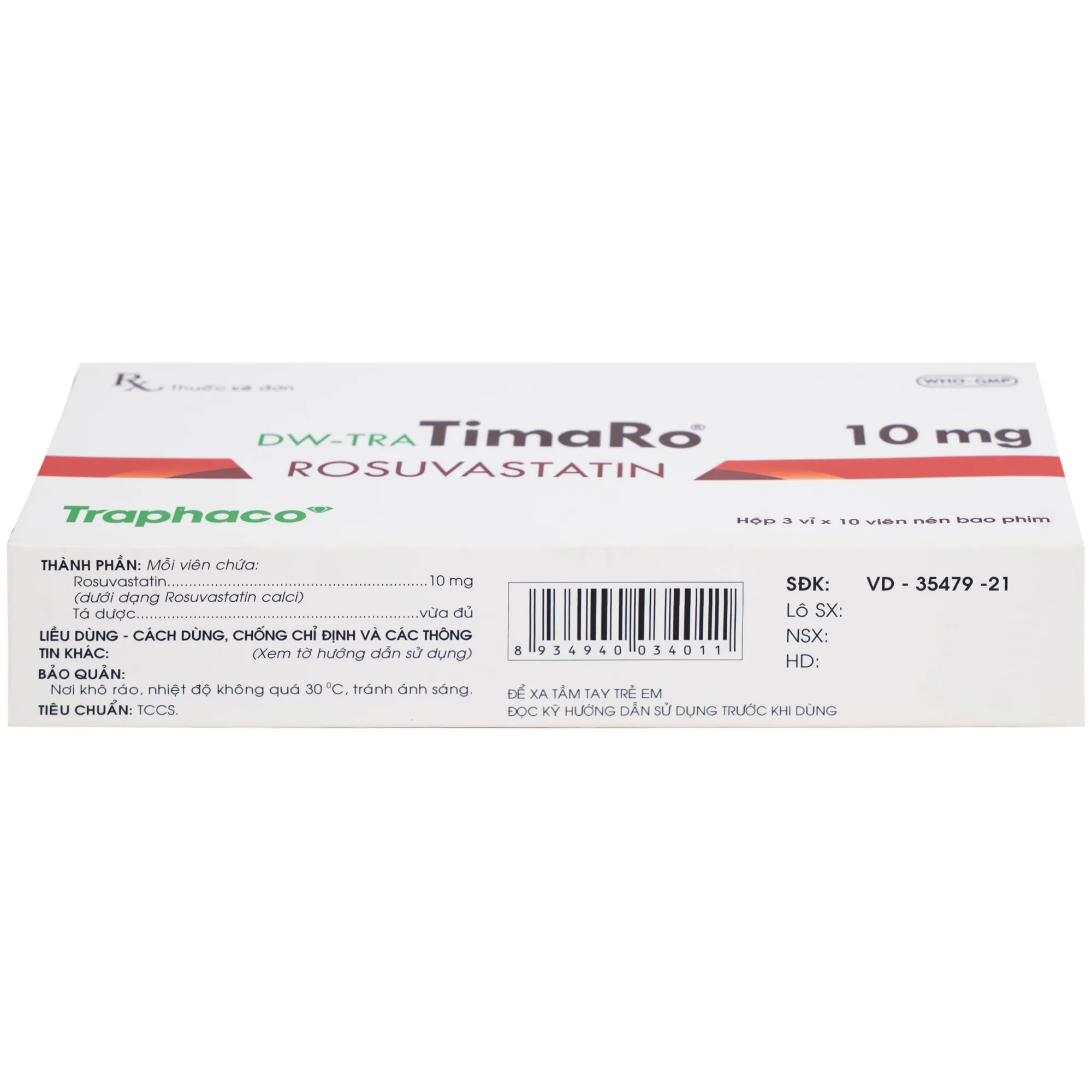 Hình ảnh Thuốc DW-TRA TimaRo Rosuvastatin 10mg Traphaco điều trị rối loạn lipid máu ở người lớn và trẻ em (3 vỉ x 10 viên)