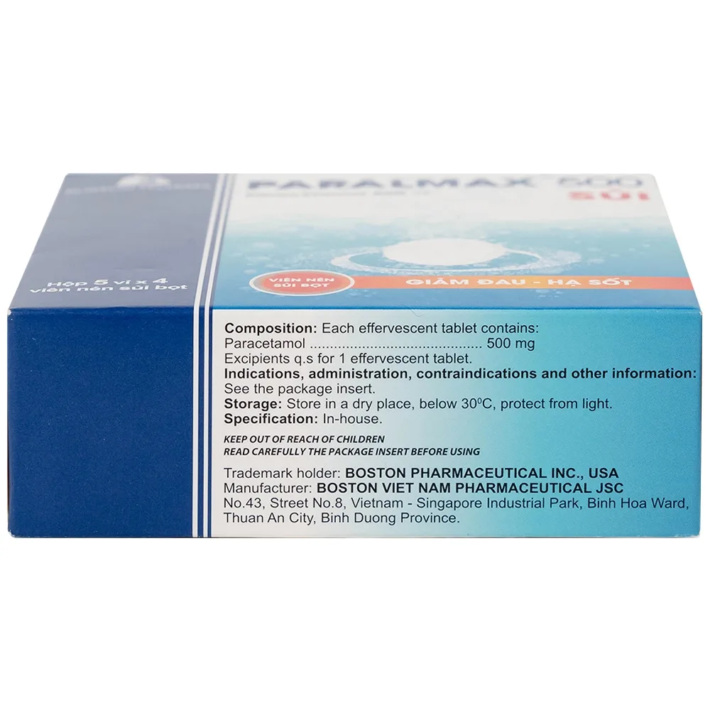 Hình ảnh Viên sủi Effer-Paralmax 500 Boston giảm các chứng đau nhẹ đến vừa, đau đầu, đau răng (5 vỉ x 4 viên)