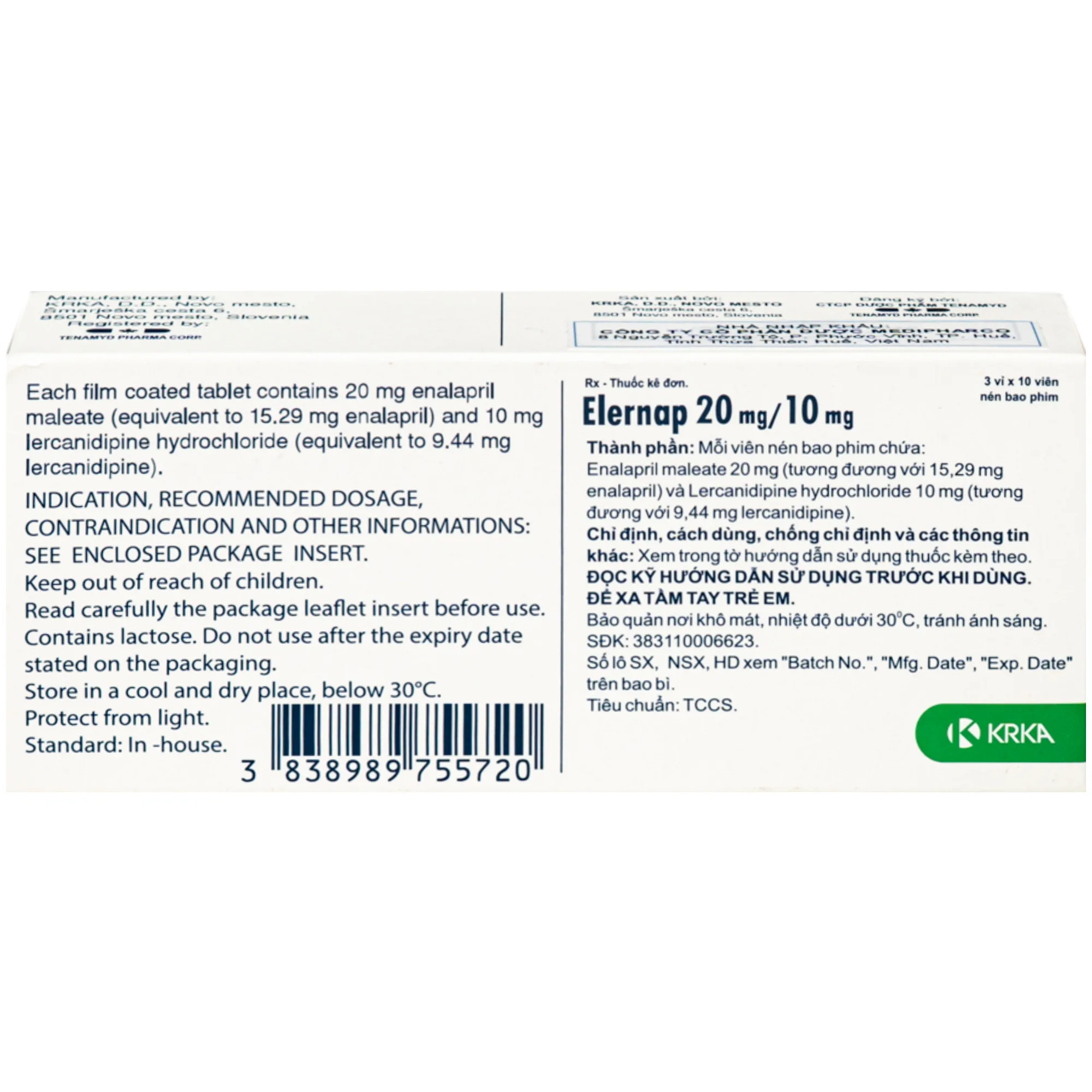 Hình ảnh Thuốc Elernap 20/10mg Krka Điều trị tăng huyết áp và các bệnh lý tim mạch liên quan(3 vỉ x 10 viên)