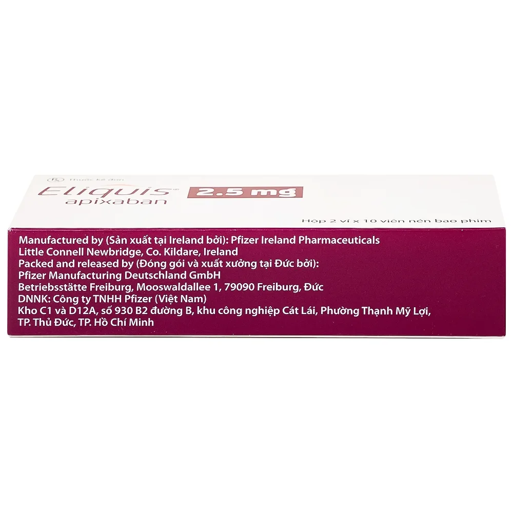 Hình ảnh Thuốc Eliquis 2.5mg Pfizer giúp phòng ngừa biến cố thuyên tắc huyết khối tĩnh mạch (2 vỉ x 10 viên)