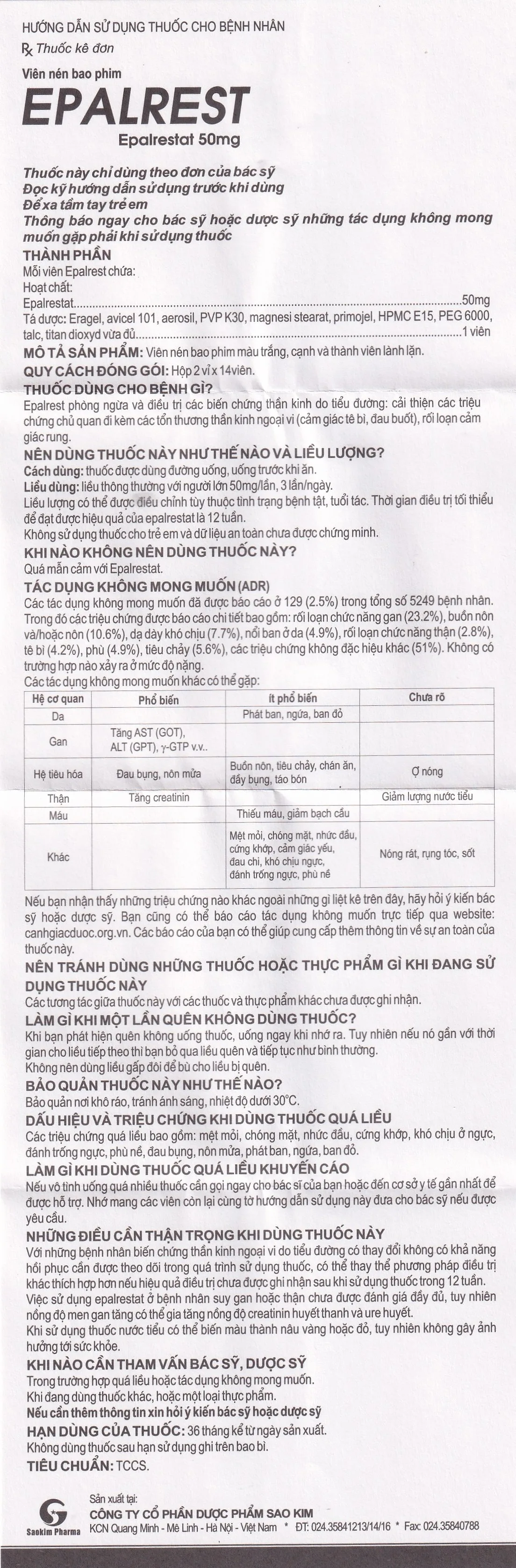Hình ảnh Thuốc Epalrest 50mg SaoKim Pharma phòng và điều trị biến chứng đái tháo đường (2 vỉ x 14 viên)