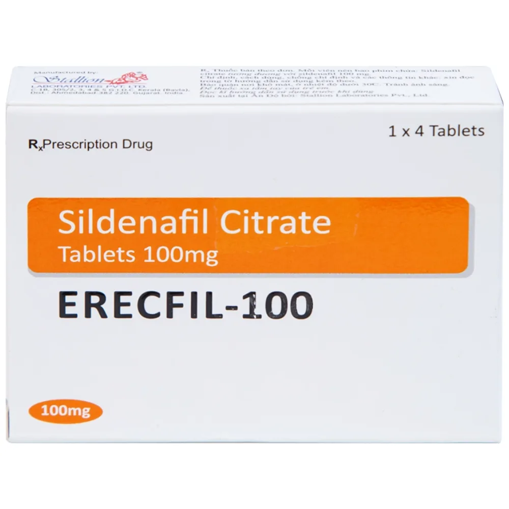 Hình ảnh Thuốc Erecfil-100 Sildenafil Citrate điều trị rối loạn cương dương (1 vỉ x 4 viên)