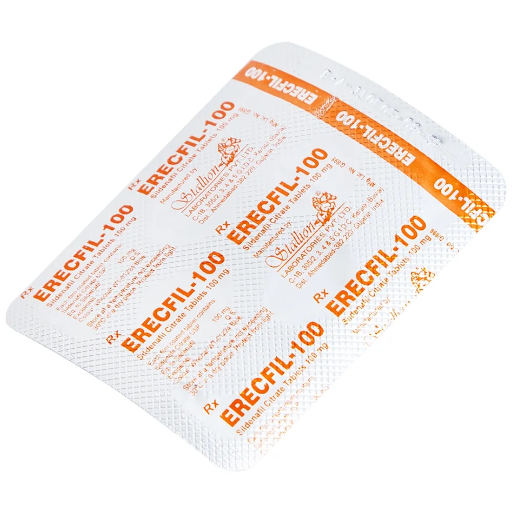 Hình ảnh Thuốc Erecfil-100 Sildenafil Citrate điều trị rối loạn cương dương (1 vỉ x 4 viên)