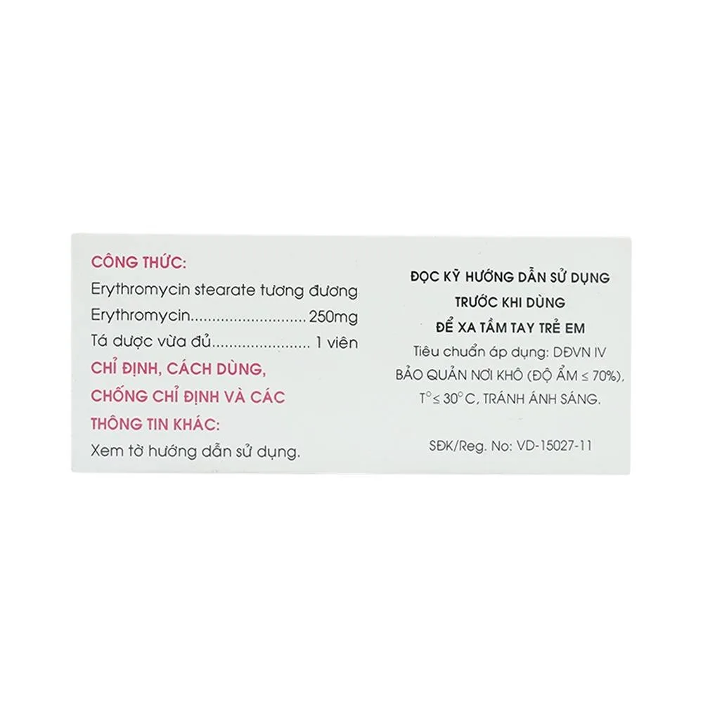 Hình ảnh Thuốc Erythromycin 250mg Mekophar điều trị nhiễm khuẩn (10 vỉ x 10 viên)