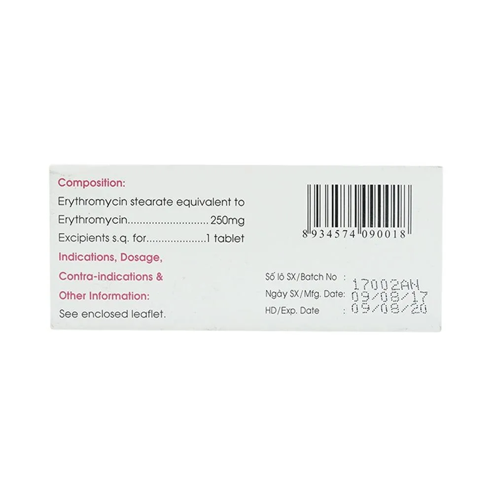 Hình ảnh Thuốc Erythromycin 250mg Mekophar điều trị nhiễm khuẩn (10 vỉ x 10 viên)