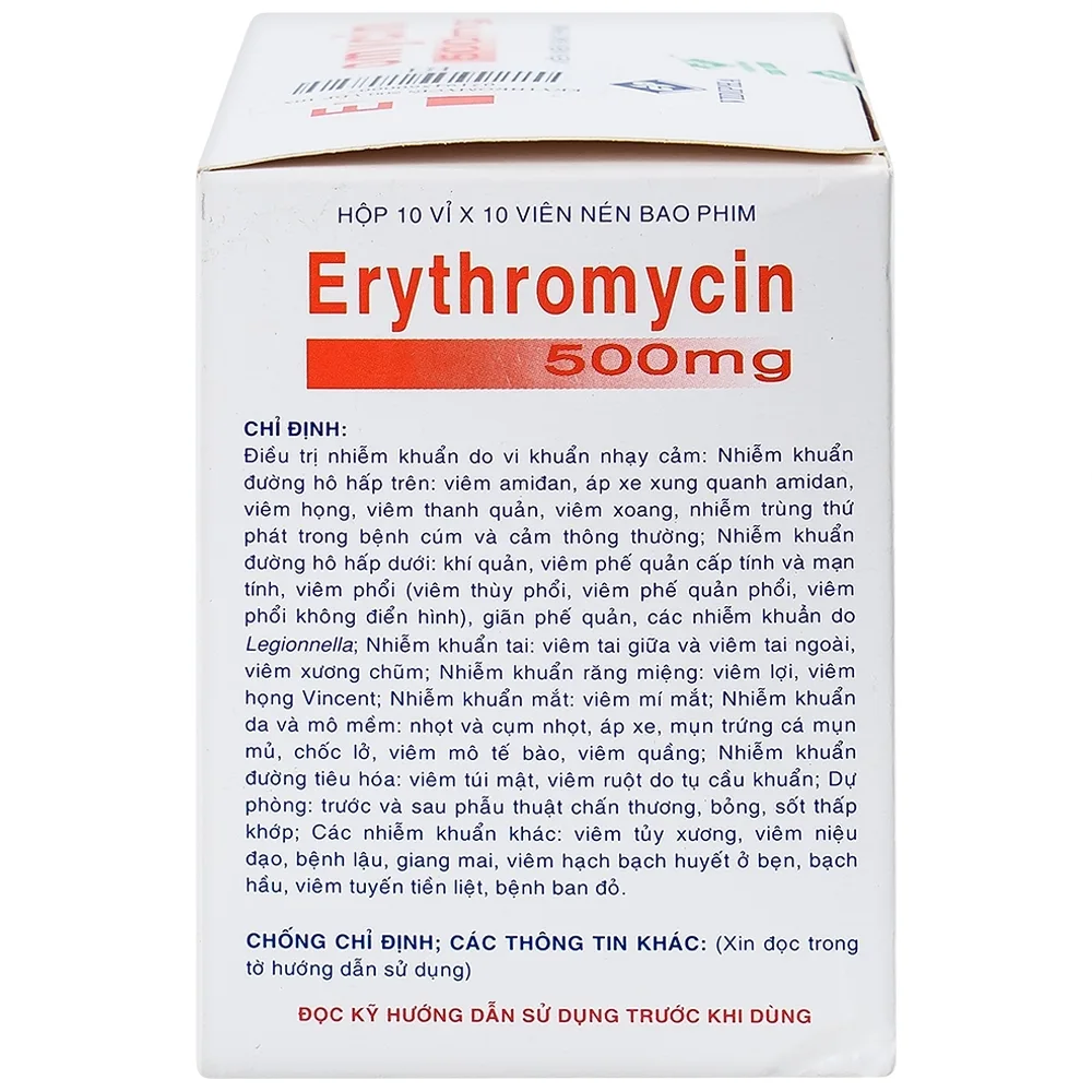 Hình ảnh Thuốc Erythromycin 500mg Vidipha điều trị nhiễm khuẩn (10 vỉ x 10 viên)