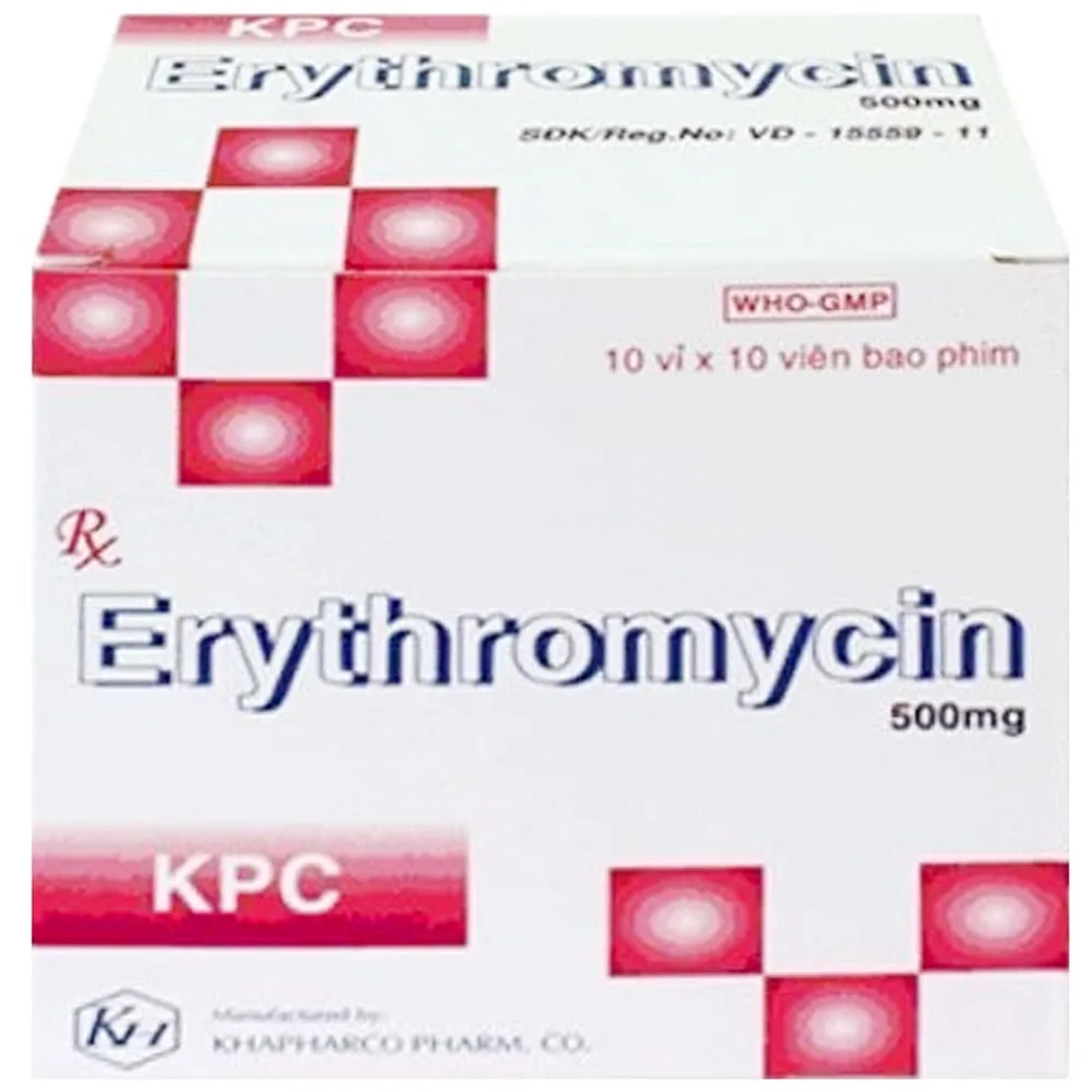 Hình ảnh Thuốc Erythromycin 500mg Khapharco điều trị nhiễm khuẩn hô hấp trên, đường hô hấp dưới (10 vỉ x 10 viên)