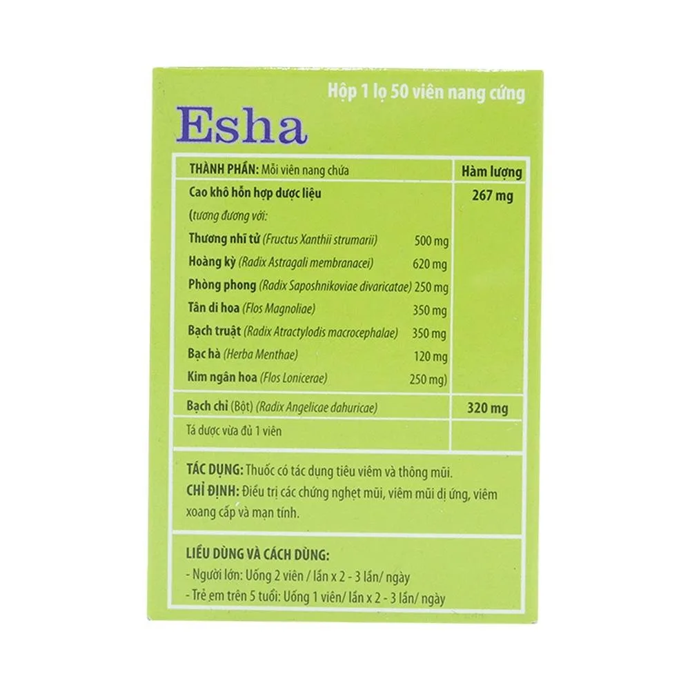 Hình ảnh Thuốc Esha điều trị chứng nghẹt mũi, viêm mũi dị ứng, viêm xoang cấp và mạn tính (50 viên)