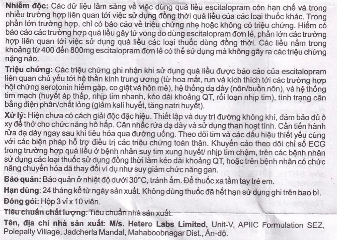 Hình ảnh Thuốc Eslo-20 Hetero điều trị trầm cảm, rối loạn lo âu (3 vỉ x 10 viên)
