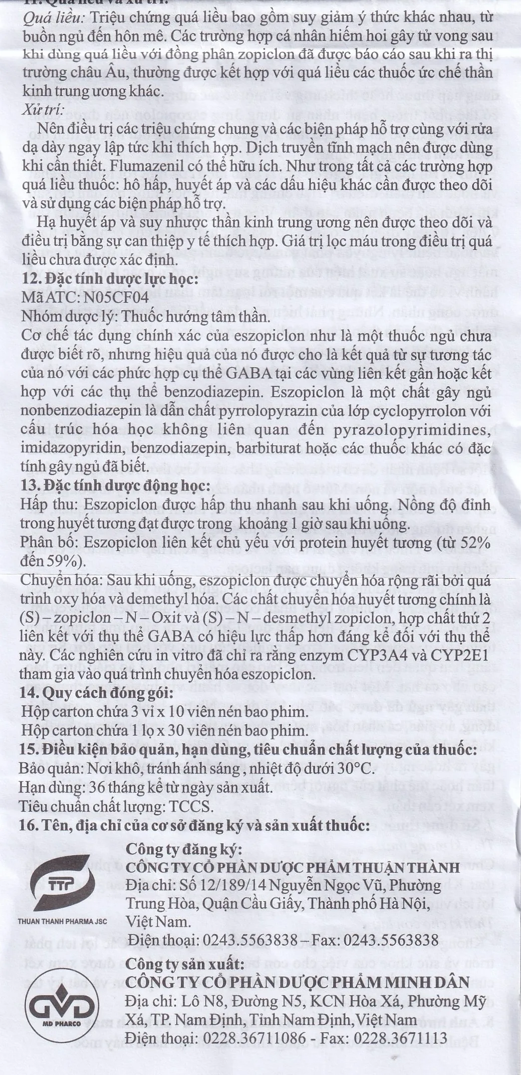Hình ảnh Thuốc Eszopiclone 2mg Minh Dân điều trị chứng mất ngủ (3 vỉ x 10 viên)