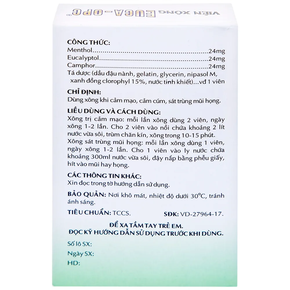 Hình ảnh Viên xông Euca-OPC điều trị cảm mạo, cảm cúm, sát trùng mũi họng (2 vỉ x 10 viên)