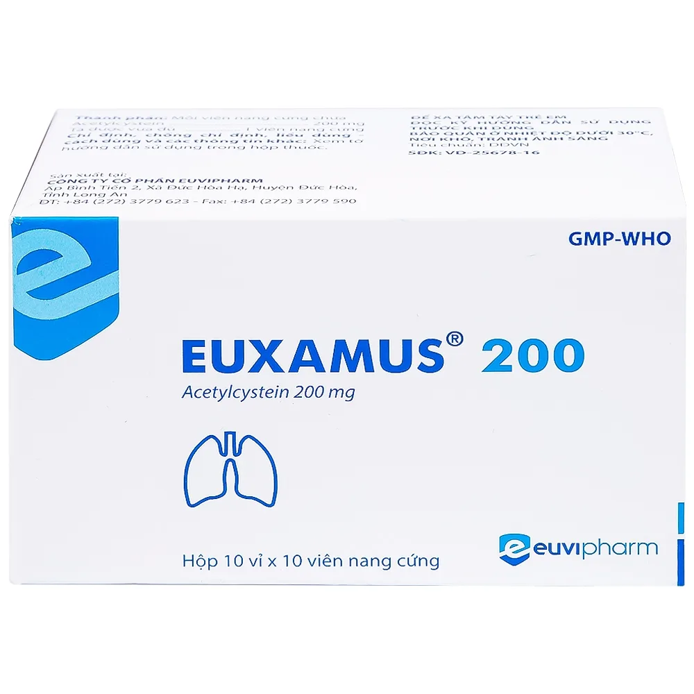 Hình ảnh Thuốc Euxamus 200mg Euvipharm tiêu chất nhầy trong bệnh nhầy nhớt (10 vỉ x 10 viên)
