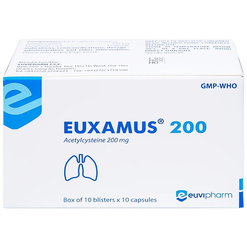 Hình ảnh Thuốc Euxamus 200mg Euvipharm tiêu chất nhầy trong bệnh nhầy nhớt (10 vỉ x 10 viên)