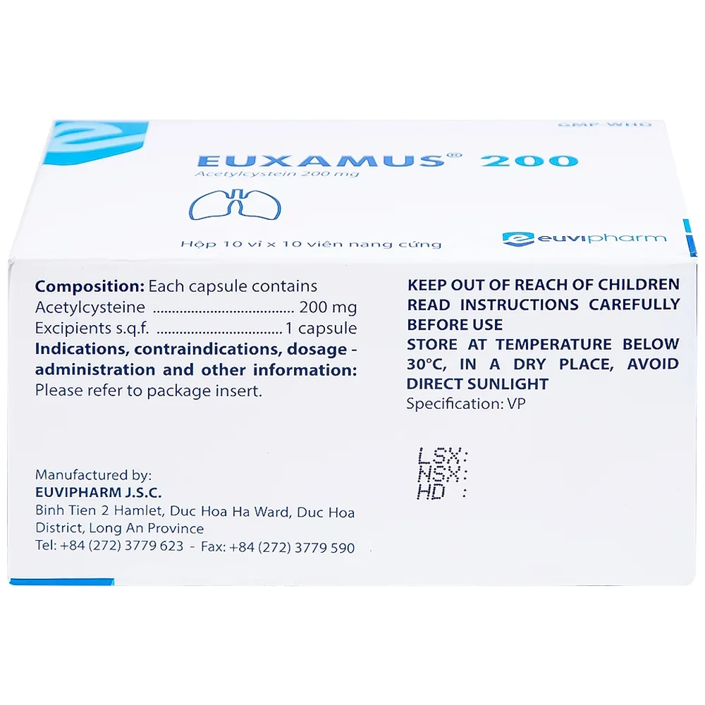 Hình ảnh Thuốc Euxamus 200mg Euvipharm tiêu chất nhầy trong bệnh nhầy nhớt (10 vỉ x 10 viên)