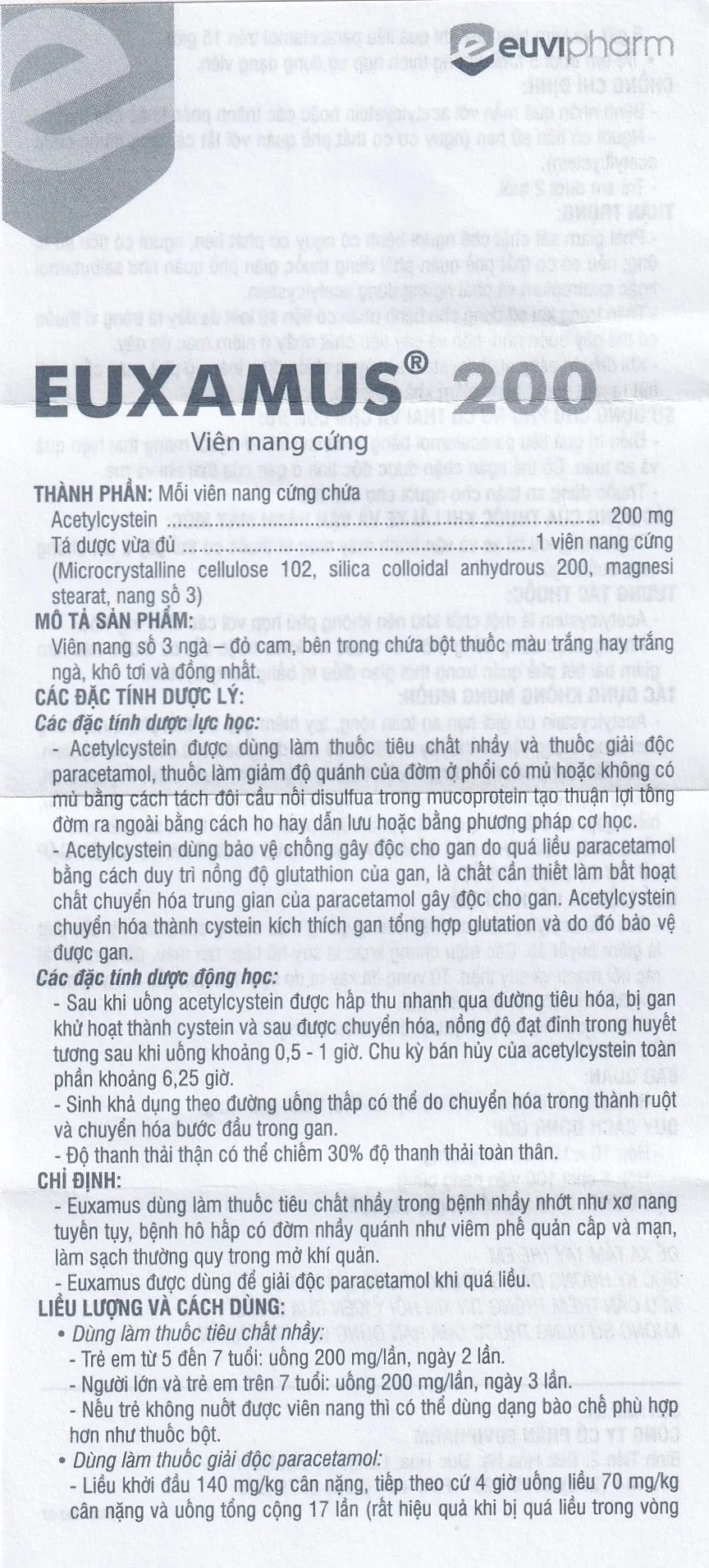Hình ảnh Thuốc Euxamus 200mg Euvipharm tiêu chất nhầy trong bệnh nhầy nhớt (10 vỉ x 10 viên)