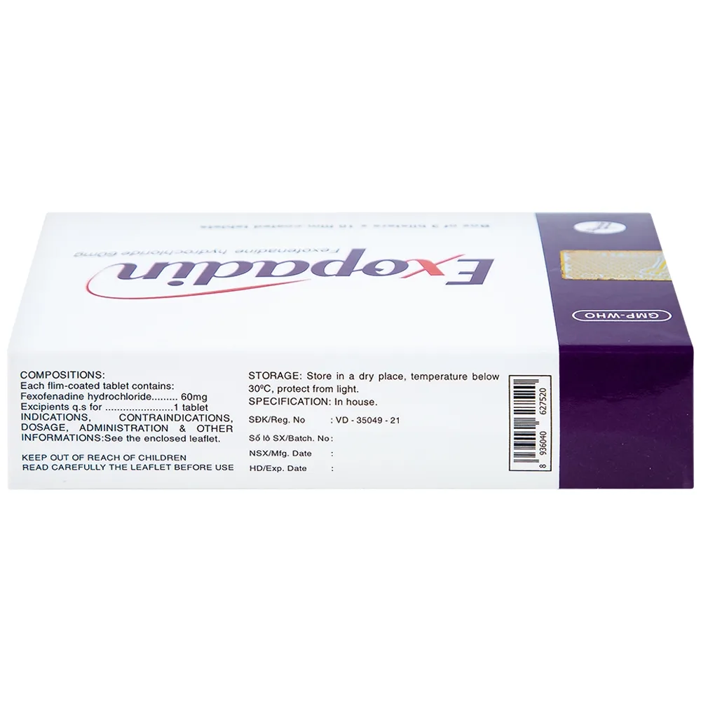 Hình ảnh Thuốc Exopadin 60mg Trường Thọ điều trị viêm mũi dị ứng, mày đay (3 vỉ x 10 viên) 