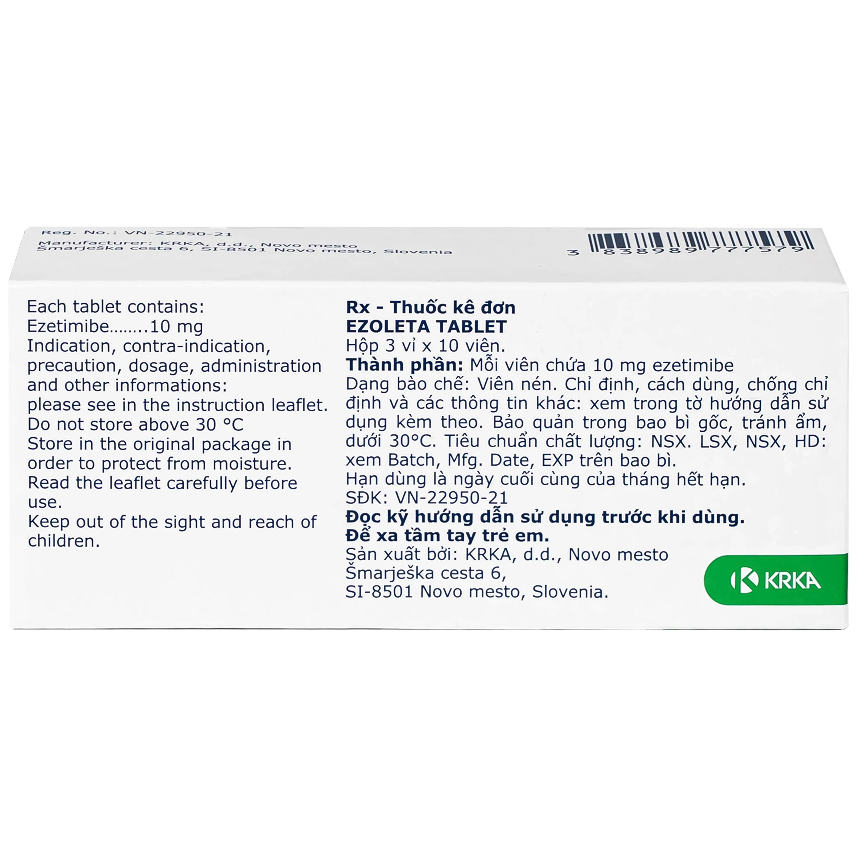 Hình ảnh Thuốc Ezoleta 10mg Krka điều trị tăng cholesterol máu (3 vỉ x 10 viên)
