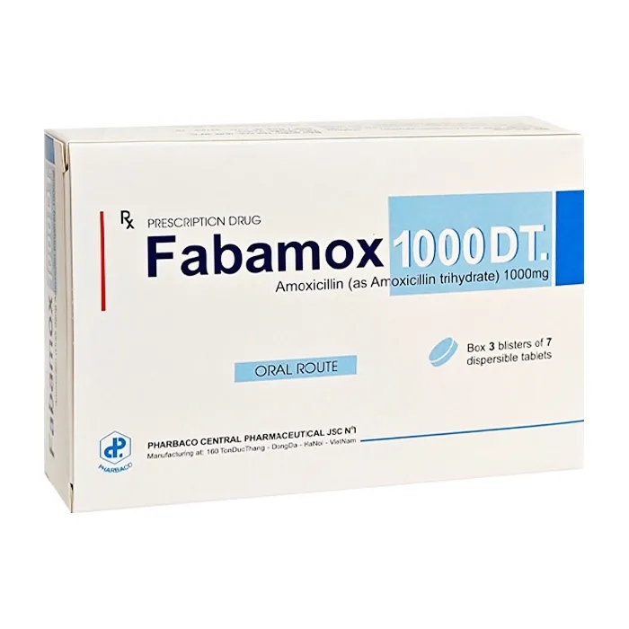 Hình ảnh Thuốc Fabamox 1000DT Trung Ương 1 điều trị viêm xoang cấp tính, viêm tai giữa cấp tính (3 vỉ x 7 viên)
