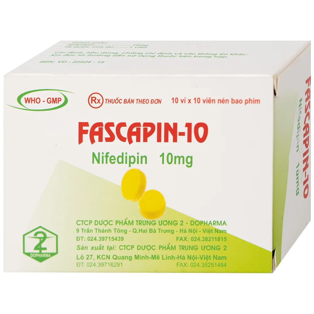 Hình ảnh Thuốc Fascapin-10 Nifedipin Trung Ương 2 dự phòng đau thắt ngực, cao huyết áp (10 vỉ x 10 viên)