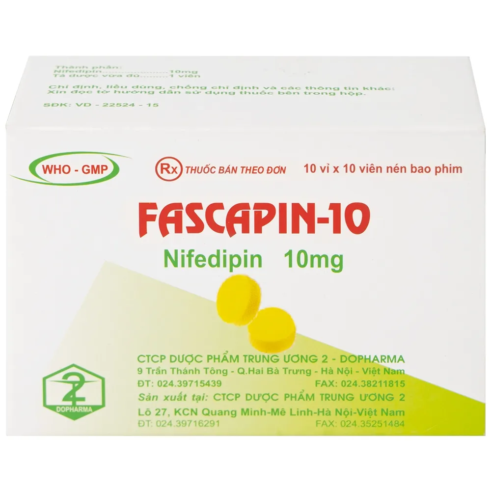 Hình ảnh Thuốc Fascapin-10 Nifedipin Trung Ương 2 dự phòng đau thắt ngực, cao huyết áp (10 vỉ x 10 viên)