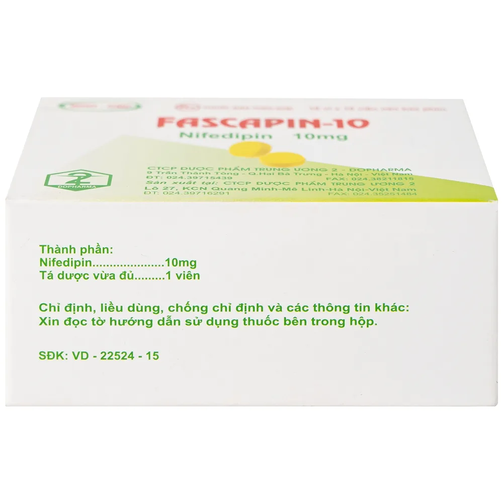 Hình ảnh Thuốc Fascapin-10 Nifedipin Trung Ương 2 dự phòng đau thắt ngực, cao huyết áp (10 vỉ x 10 viên)