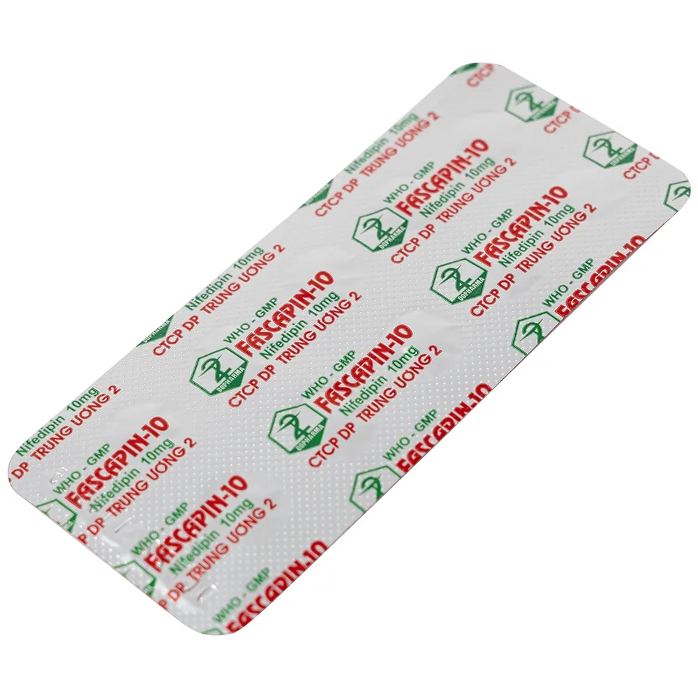 Hình ảnh Thuốc Fascapin-10 Nifedipin Trung Ương 2 dự phòng đau thắt ngực, cao huyết áp (10 vỉ x 10 viên)