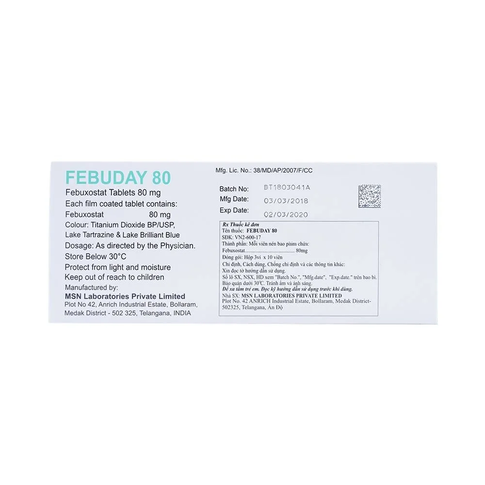Hình ảnh Thuốc Febuday 80 MSN điều trị tăng acid uric huyết (3 vỉ x 10 viên)