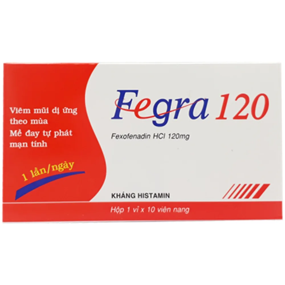 Hình ảnh Thuốc Fegra 120 Pymepharco điều trị viêm mũi dị ứng theo mùa, mề đay tự phát mạn tính (1 vỉ x 10 viên)