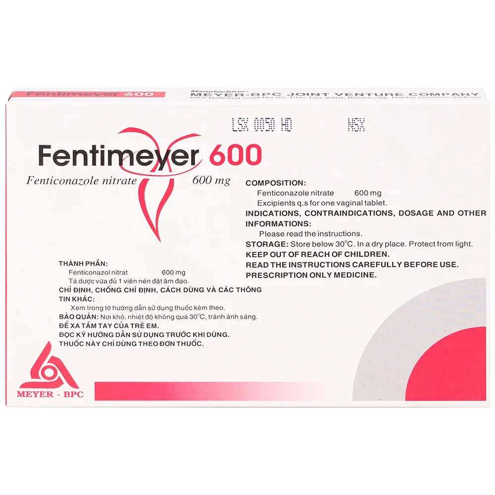 Hình ảnh Viên đặt âm đạo Fentimeyer 600 Meyer-BPC điều trị bệnh nấm Candida sinh dục (1 vỉ x 3 viên)