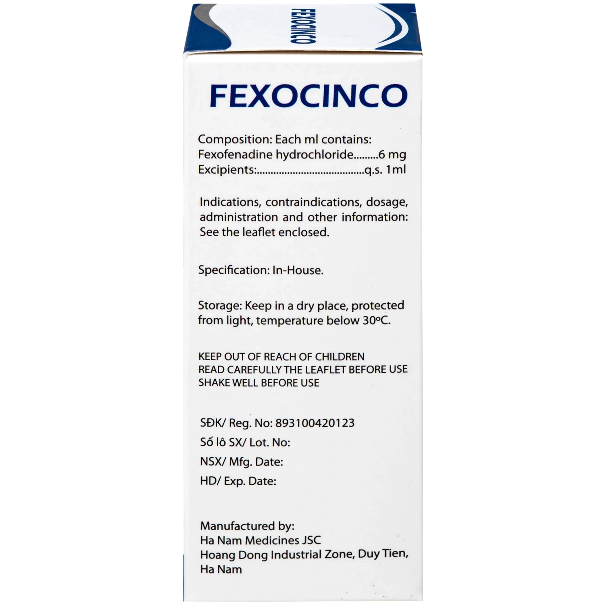 Hình ảnh Thuốc Fexocinco 6mg Hà Nam điều trị triệu chứng viêm mũi dị ứng theo mùa và mày đay mạn tính (60ml)