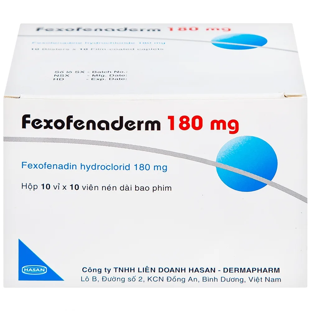 Hình ảnh Thuốc Fexofenaderm 180mg Hasan điều trị viêm mũi dị ứng theo mùa, mày đay mạn tính vô căn (10 vỉ x 10 viên)