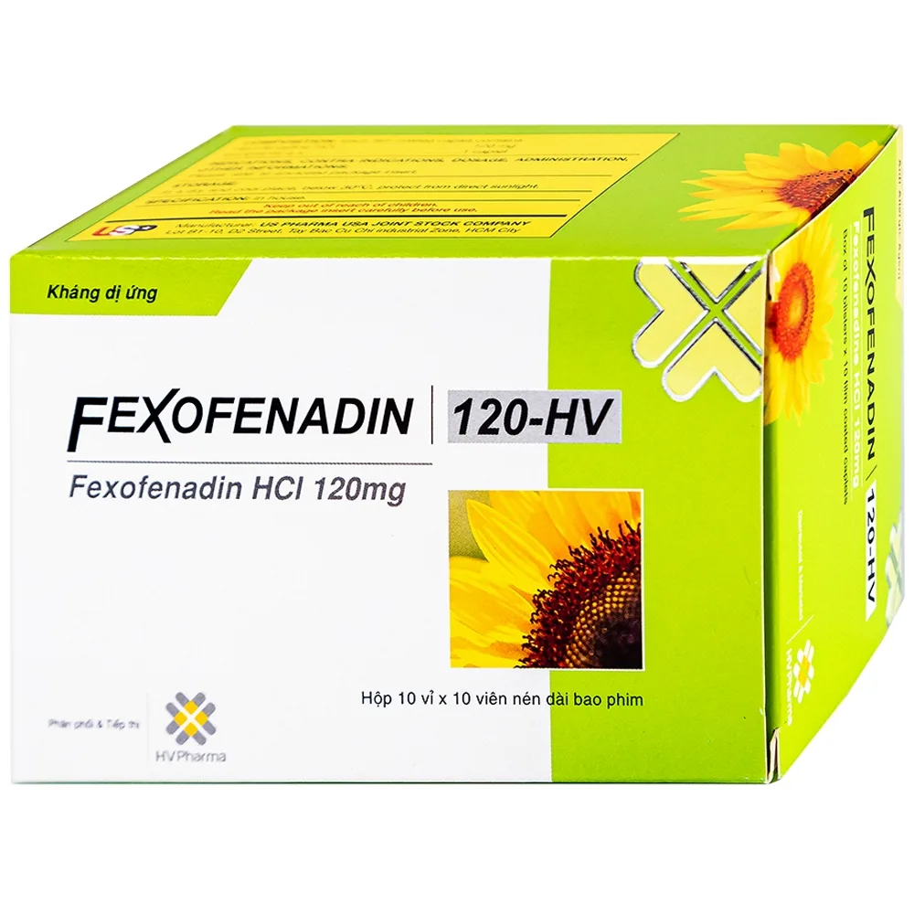 Hình ảnh Thuốc Fexofenadin 120-HV USP điều trị viêm mũi dị ứng theo mùa, mày đay mạn tính vô căn (10 vỉ x 10 viên)