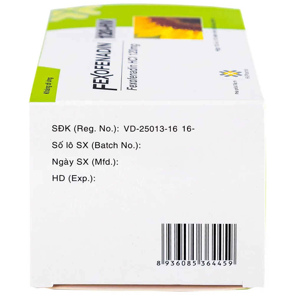 Hình ảnh Thuốc Fexofenadin 120-HV USP điều trị viêm mũi dị ứng theo mùa, mày đay mạn tính vô căn (10 vỉ x 10 viên)
