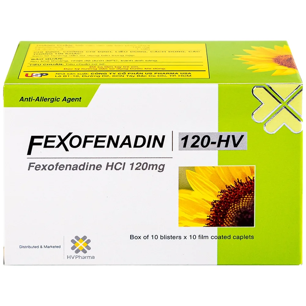 Hình ảnh Thuốc Fexofenadin 120-HV USP điều trị viêm mũi dị ứng theo mùa, mày đay mạn tính vô căn (10 vỉ x 10 viên)