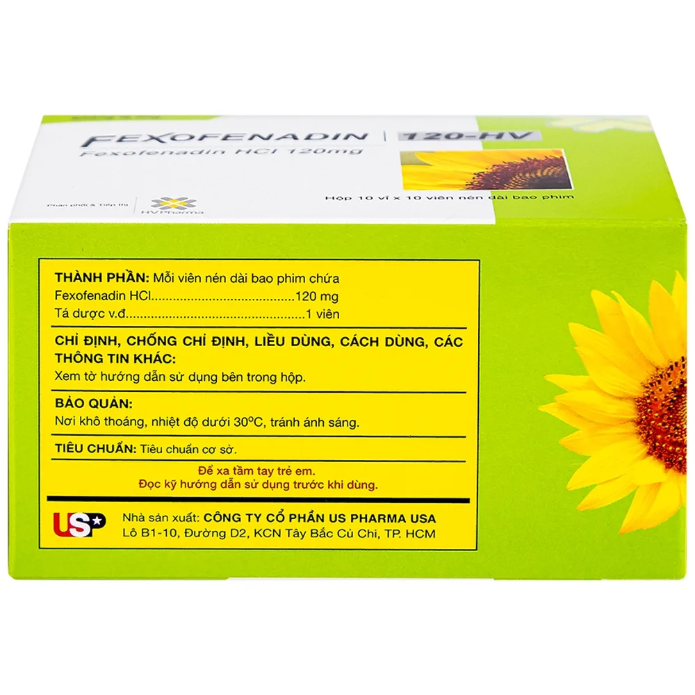 Hình ảnh Thuốc Fexofenadin 120-HV USP điều trị viêm mũi dị ứng theo mùa, mày đay mạn tính vô căn (10 vỉ x 10 viên)