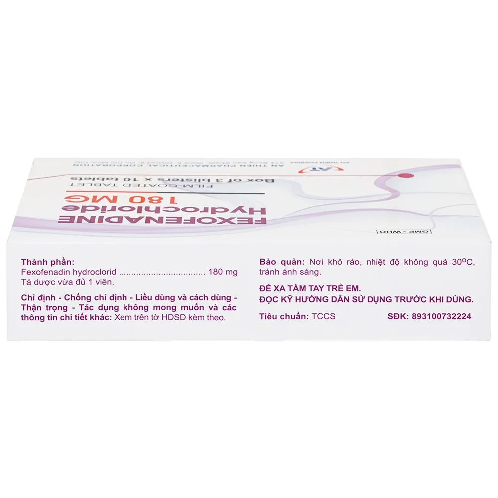 Hình ảnh Thuốc Fexofenadine Hydrochloride 180mg An Thiên điều trị viêm mũi dị ứng theo mùa (3 vỉ x 10 viên)