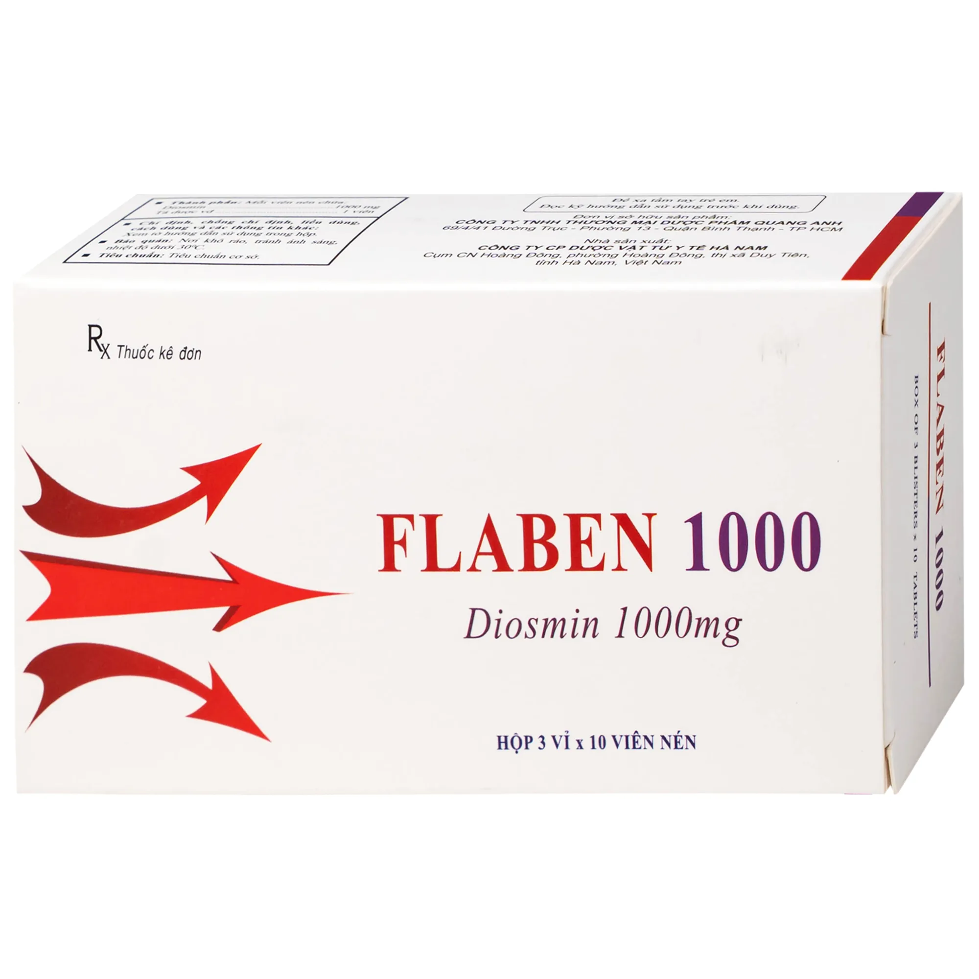 Hình ảnh Thuốc Flaben 1000 Hà Nam điều trị các dấu hiệu và triệu chứng của suy tuần hoàn tĩnh mạch mãn tính (3 vỉ x 10 viên)