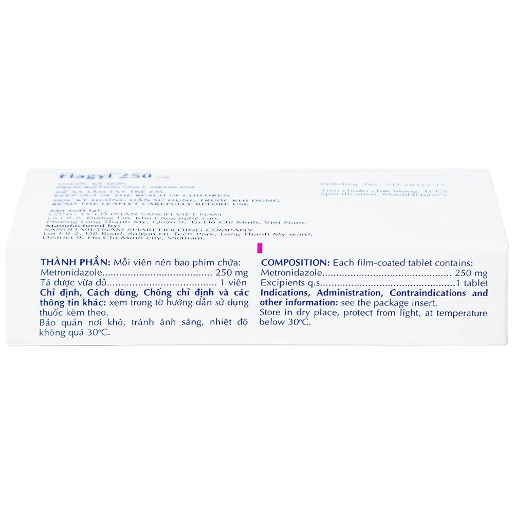 Hình ảnh Thuốc Flagyl 250mg Sanofi điều trị nhiễm khuẩn (2 vỉ x 10 viên)