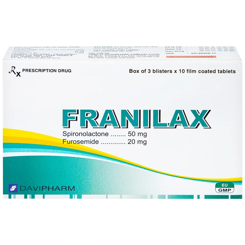 Hình ảnh Thuốc Franilax 50mg/20mg Davipharm ngăn chặn sự tích tụ nước trong cơ thể (3 vỉ x 10 viên)