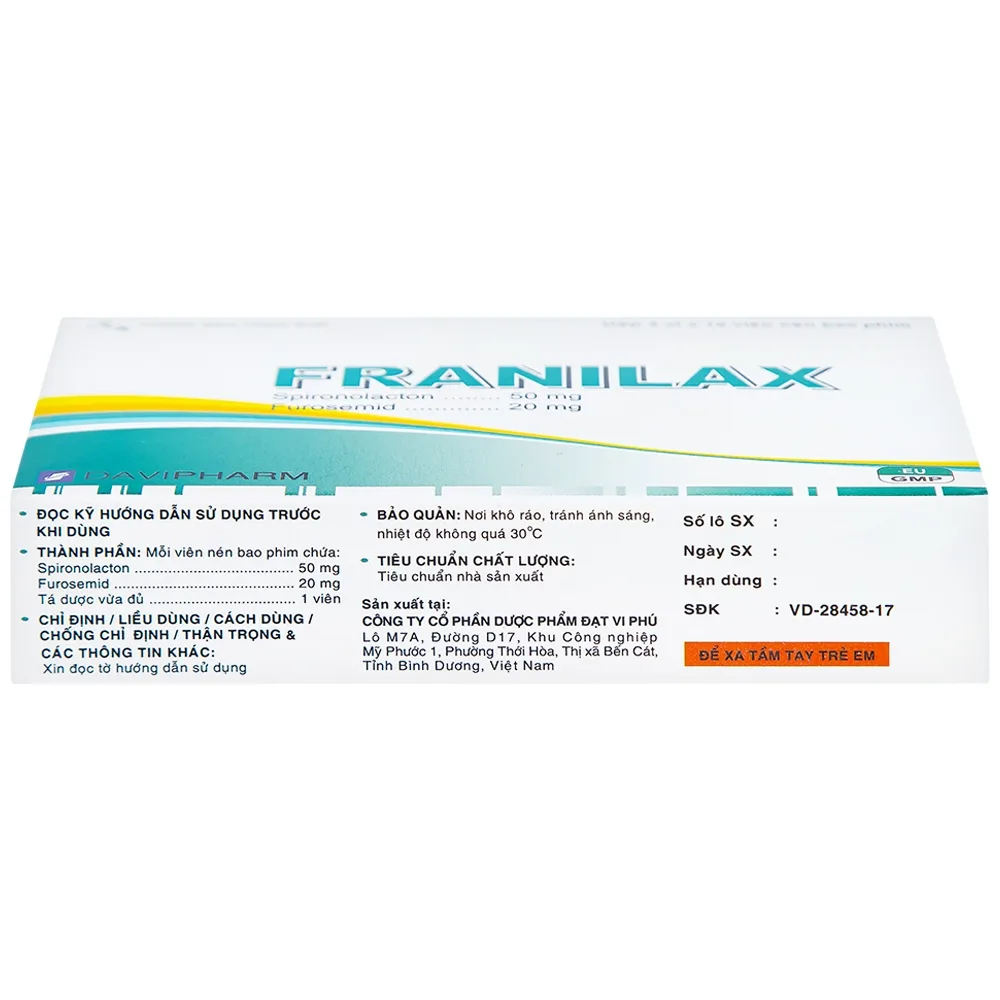 Hình ảnh Thuốc Franilax 50mg/20mg Davipharm ngăn chặn sự tích tụ nước trong cơ thể (3 vỉ x 10 viên)