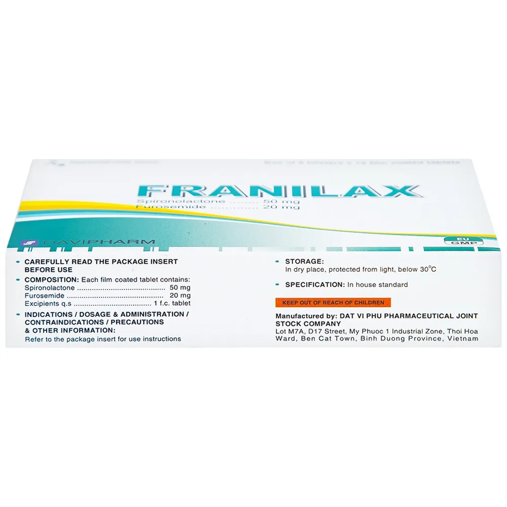 Hình ảnh Thuốc Franilax 50mg/20mg Davipharm ngăn chặn sự tích tụ nước trong cơ thể (3 vỉ x 10 viên)