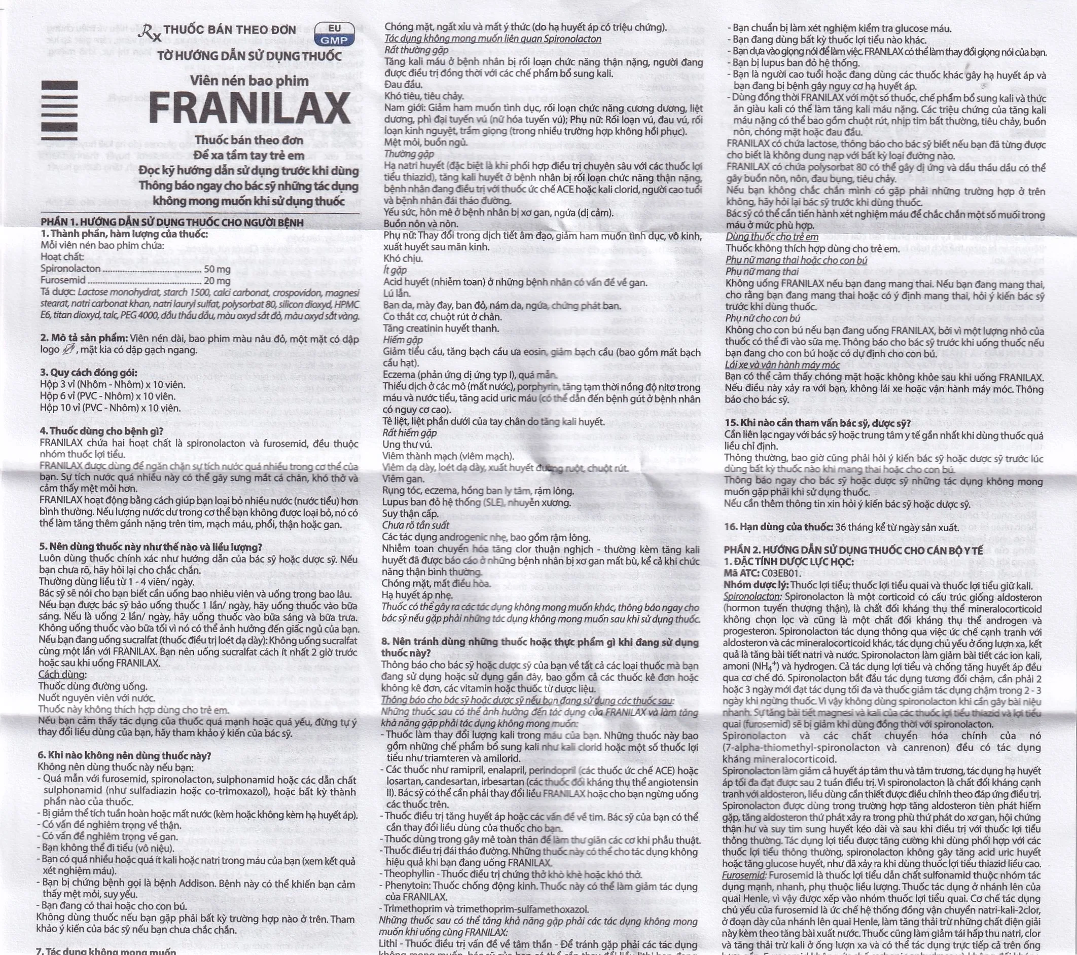 Hình ảnh Thuốc Franilax 50mg/20mg Davipharm ngăn chặn sự tích tụ nước trong cơ thể (3 vỉ x 10 viên)