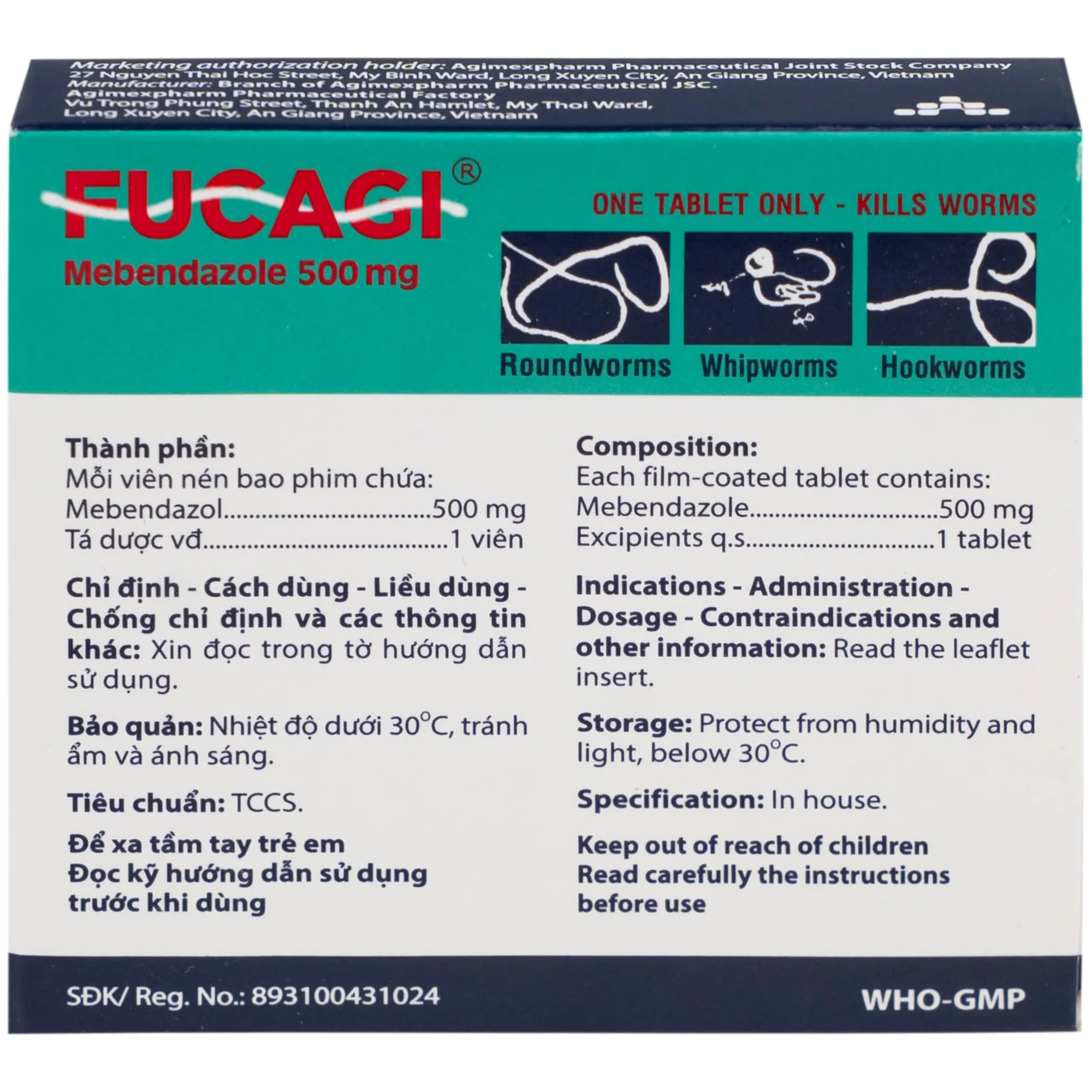 Hình ảnh Thuốc Fucagi 500mg Agimexpharm điều trị nhiễm một hoặc nhiều loại giun đường ruột (1 viên)