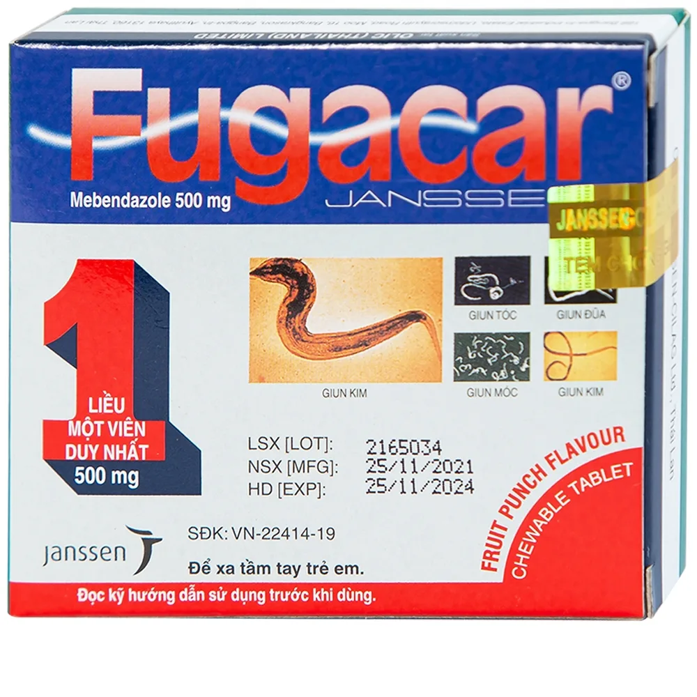 Hình ảnh Thuốc Fugacar Janssen hương trái cây điều trị nhiễm một hay nhiều loại giun đường ruột (1 viên)