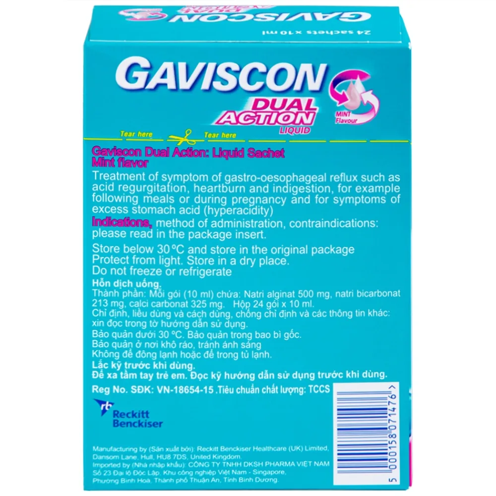 Hình ảnh Hỗn dịch Gaviscon Dual Action Reckitt Benckiser điều trị trào ngược dạ dày, thực quản (24 gói x 10ml)