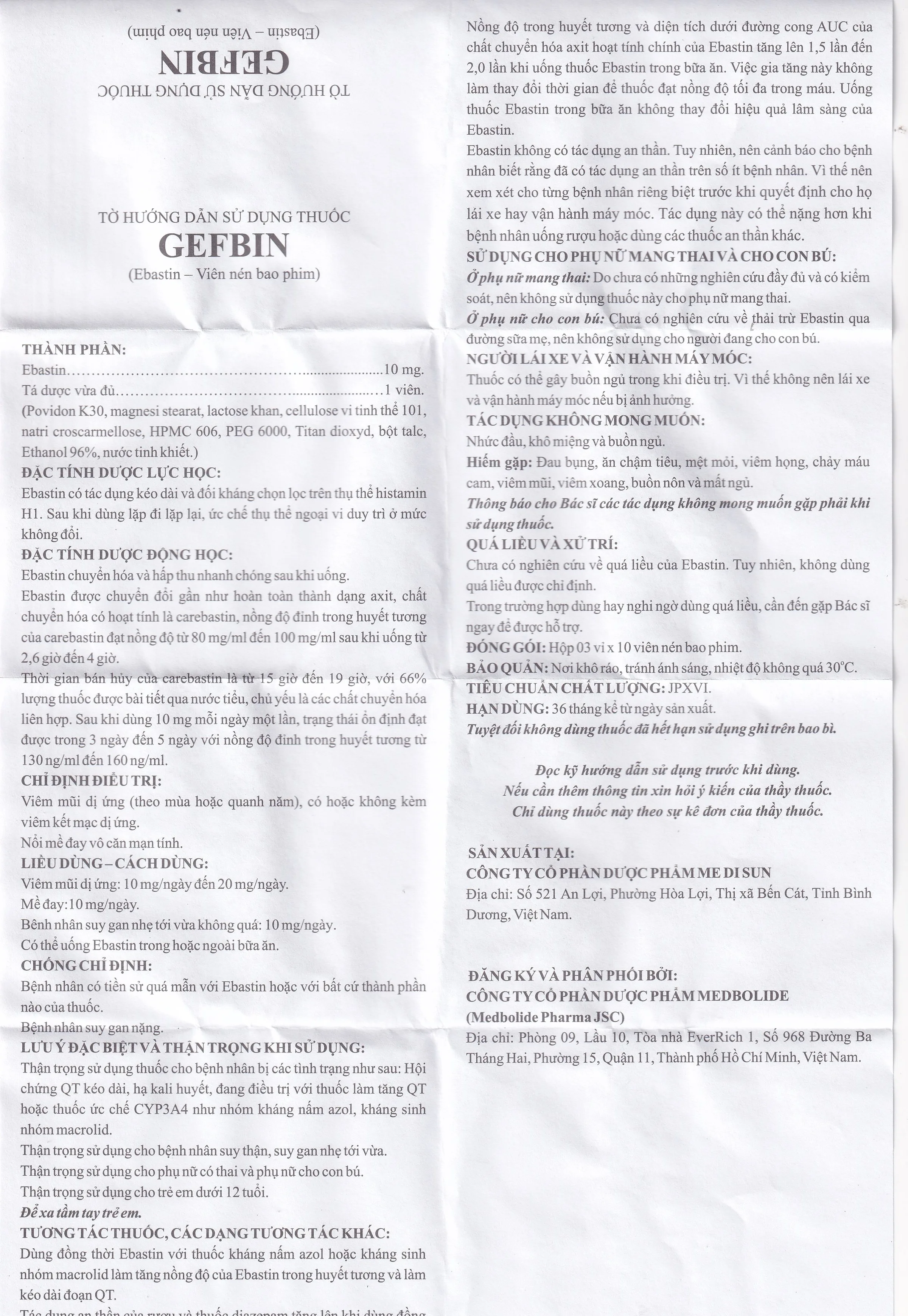 Hình ảnh Thuốc Gefbin Medisun điều trị viêm mũi dị ứng, mề đay vô căn mạn tính (3 vỉ x 10 viên)