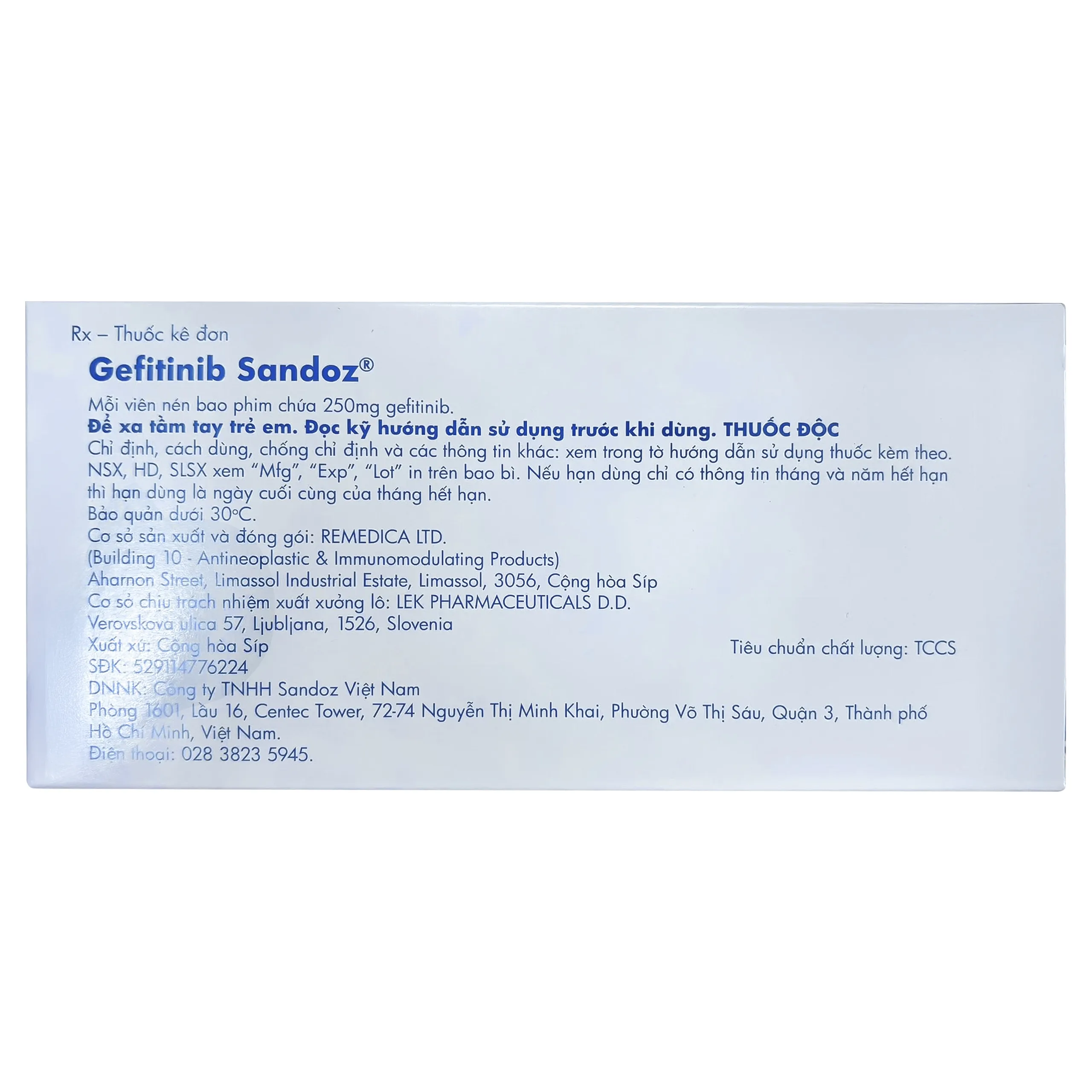 Hình ảnh Thuốc Gefitinib 250mg Sandoz hỗ trợ điều trị ung thư phổi (3 vỉ x 10 viên)